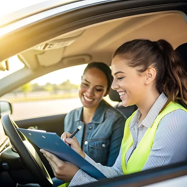 Driving instructor reviewing a road test checklist with a student driver at Canadian Way Driver Training in Halifax Nova Scotia