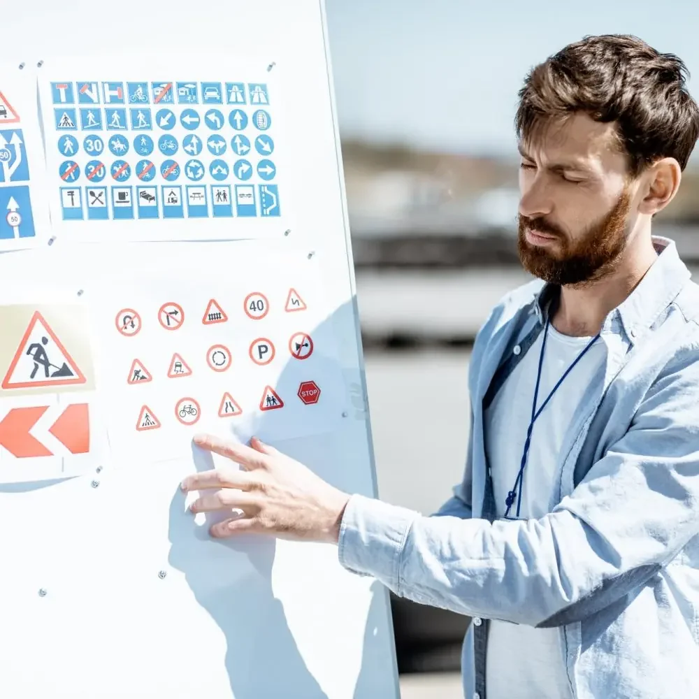 Driving instructor reviewing Canadian road signs and traffic rules with a student as part of road test preparation at Canadian Way Driver Training in Nova Scotia